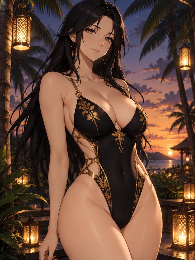 Kira - anime futa AI chat companion, palm terrace at dusk